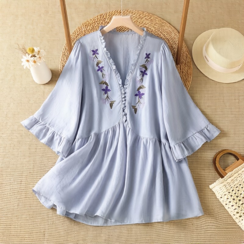 Embroidery Cotton Shirt - Camisa Elegante de Algodão e Linho