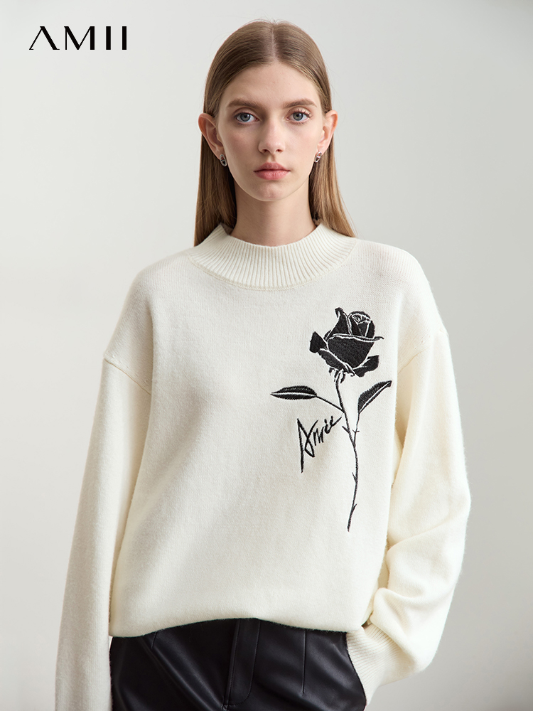 Suéteres Amii para Outono Inve - Embroidery Rose avaliação e preço